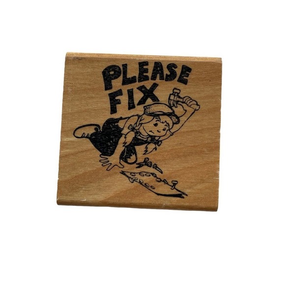 Vintage Wood Block Rubber Stamp Handyman Girl Please Fix Hammer Tool - Picture 1 of 6